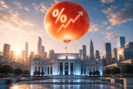 Inflasi AS Naik Lagi, The Fed Mulai Waspada Giant orange balloon with a white percent sign and upward arrow hovering over a neoclassical government building against a city skyline at sunset/sunrise, conveying rising rates or growth.
