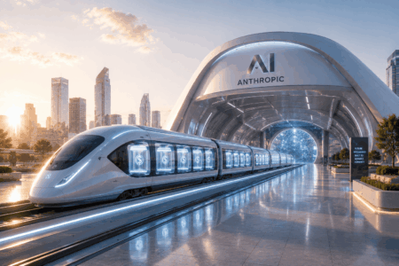 Anthropic Bersiap Dekati Pendanaan Jumbo Baru Futuristic white high-speed train at an AI-branded station with a glowing tunnel and city skyline at sunset.