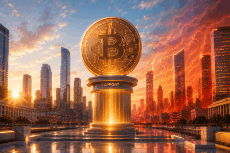 Bitcoin Kembali Uji Support Usai Inflasi AS Memanas Bitcoin statue atop a glowing pedestal reading 'SUPPORT' in a futuristic city plaza at sunset.