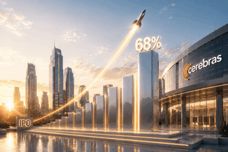 Saham Cerebras Melejit 68% di Hari Pertama IPO Futuristic city plaza with rising glass towers, a rocket launch arc, and a glowing 68% atop a column beside the Cerebras building at sunset.