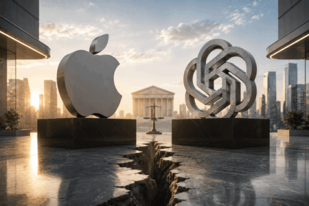 Aliansi Apple-OpenAI Retak, Gugatan Mengintai Apple logo on a pedestal beside a geometric metal sculpture, in a plaza with a cracked floor and city skyline.
