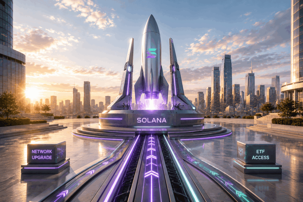 Solana Upgrade Jaringan dan ETF, Bersiap Rebound? Futuristic rocket monument labeled SOLANA on a circular platform with neon purple lights, flanked by signs reading NETWORK UPGRADE and ETF ACCESS against a sunset cityscape.