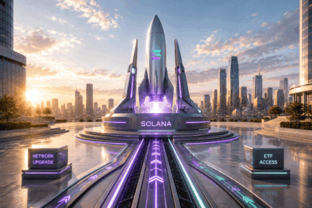 Solana Upgrade Jaringan dan ETF, Bersiap Rebound? Futuristic rocket monument labeled SOLANA on a circular platform with neon purple lights, flanked by signs reading NETWORK UPGRADE and ETF ACCESS against a sunset cityscape.