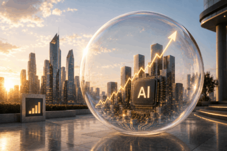 Reli AI Tinggi, Bubble Baru Mulai Terbentuk? AI chip inside a glass sphere with a rising, zigzag line against a city skyline at sunset, symbolizing growth in artificial intelligence