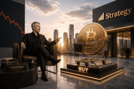 Bitcoin Turun, Saylor Justru Beri Sinyal Beli Lagi Executive sits in a modern office gesturing toward a giant Bitcoin in a shopping cart labeled BUY, with a city skyline in the background and a Strategy sign nearby.