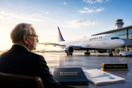 Buffett Kembali ke Saham Maskapai, Delta Jadi Pilihan Older man in a suit sits at a desk with a Berkshire Hathaway binder, facing a Delta airplane at the gate at sunset/sunrise.