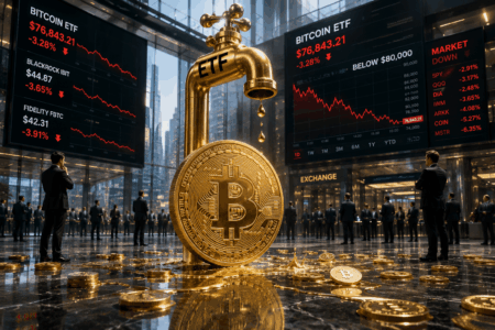 Giant gold Bitcoin under an ETF faucet dripping coins in a modern trading hall with bitcoin screens behind.
