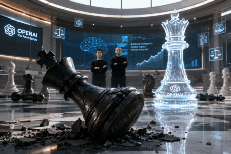 Elon Musk Kalah Gugatan Lawan OpenAI Cracked black king on a checkered floor, with a glowing translucent chess piece nearby and two people in the background with OpenAI branding and data graphs.