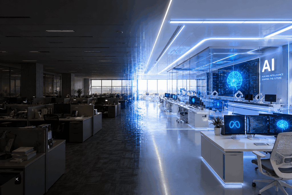 Meta Makin Agresif di AI, Ribuan Karyawan Terdampak Open-plan office transitioning from dark left side to a bright, futuristic AI lab with blue neon accents and an AI sign on the wall.