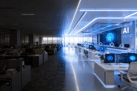 Meta Makin Agresif di AI, Ribuan Karyawan Terdampak Open-plan office transitioning from dark left side to a bright, futuristic AI lab with blue neon accents and an AI sign on the wall.