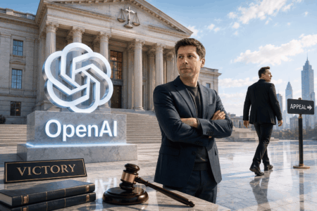 OpenAI Menang di Pengadilan, Musk Belum Menyerah Man in a navy blazer stands with arms crossed in front of a courthouse with an OpenAI sculpture and a 'VICTORY' plaque, gavel on the desk nearby.