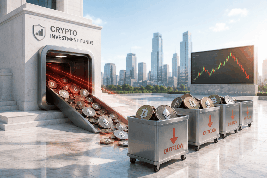 Dana Kripto Catat Arus Keluar Setelah Reli Panjang Crypto investment funds facility with a coin chute pouring Bitcoin and Ethereum into 'OUTFLOW' bins as a downward-trending chart appears on a screen in the background.