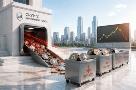 Dana Kripto Catat Arus Keluar Setelah Reli Panjang Crypto investment funds facility with a coin chute pouring Bitcoin and Ethereum into 'OUTFLOW' bins as a downward-trending chart appears on a screen in the background.