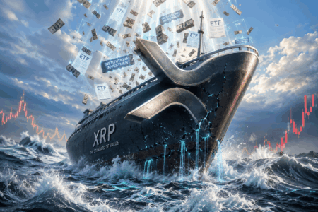 Harga XRP Terancam Turun 50% Meski ETF Naik A large ship labeled XRP cracks through rough seas as money and ETF papers fly above, symbolizing a financial surge or crash in crypto.