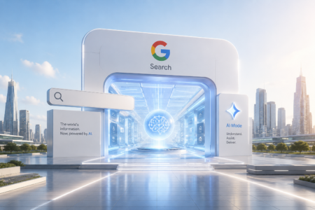 Google Rilis Upgrade Search Terbesar dalam 25 Tahun Futuristic Google Search entrance with a glowing AI brain hub, city skyline in the background, and 'AI Mode' panel on the right.