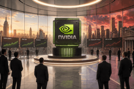 Wall Street Menanti Nvidia di Tengah Tekanan Inflasi Futuristic boardroom with a large Nvidia chip logo on a pedestal and stock charts on screens around a city skyline sunset.