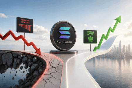 Solana logo between a red downward arrow labeled 'Negative Funding' and a green upward trend with 'Strong Support' in a futuristic scene.