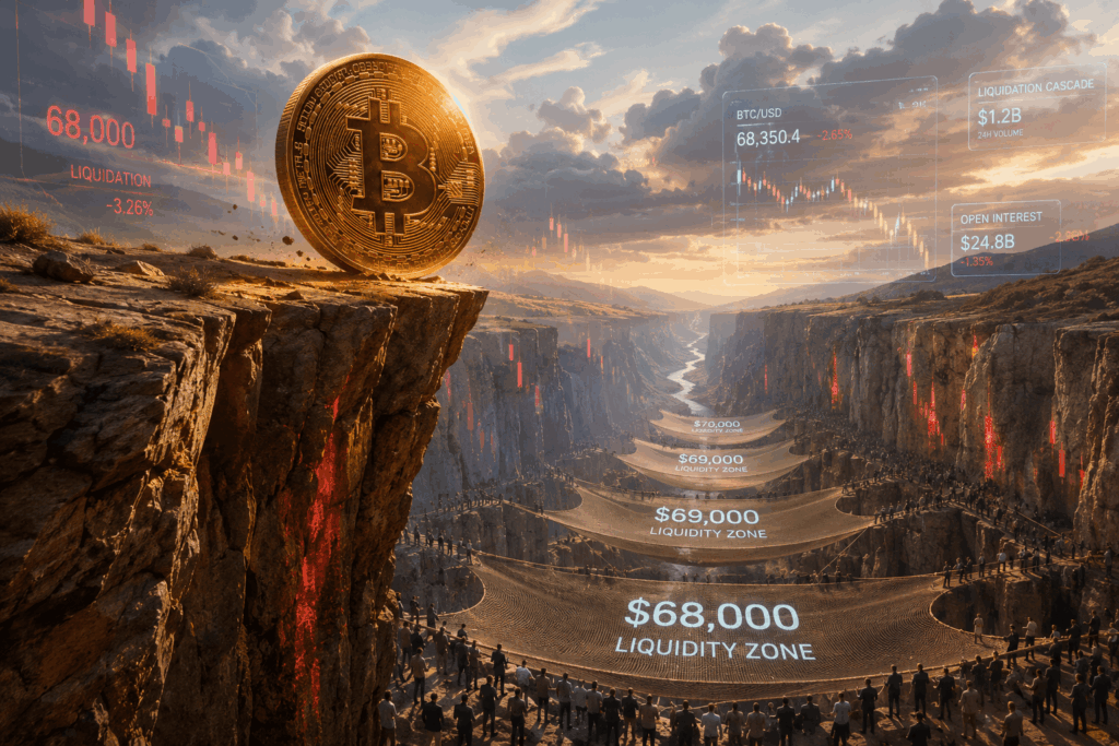 Data Tunjukkan Pembeli Bitcoin Masih Menunggu Turun Lagi Bitcoin coin perched on a rocky cliff overlooking a canyon with digital financial overlays showing liquidity zones and market data in the sky.
