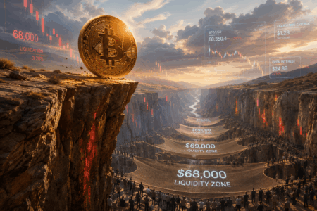 Bitcoin coin perched on a rocky cliff overlooking a canyon with digital financial overlays showing liquidity zones and market data in the sky.