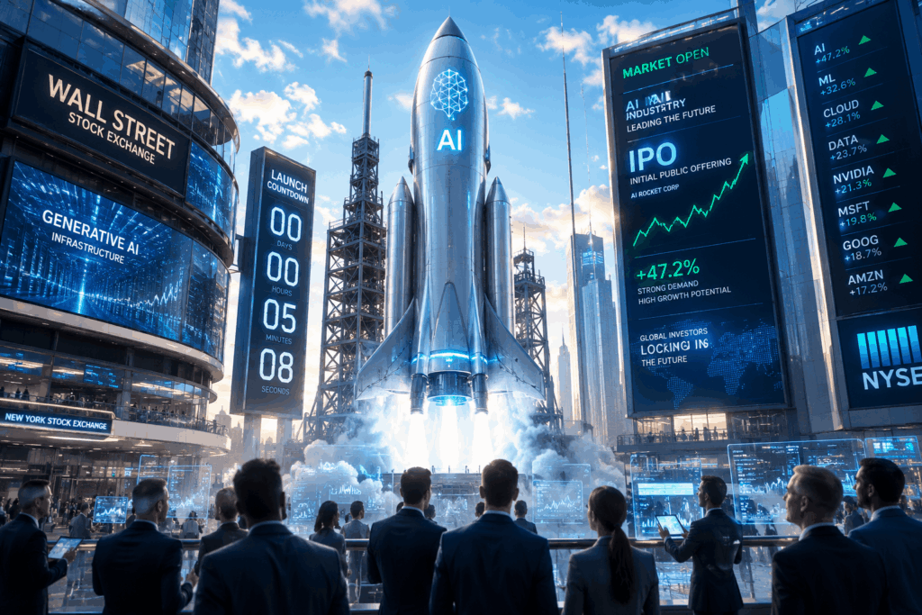 OpenAI Siapkan IPO, Pasar Tunggu SpaceX Futuristic stock exchange plaza with a rocket launch amid holographic AI charts and traders analyzing screens, centered under a bright sky.
