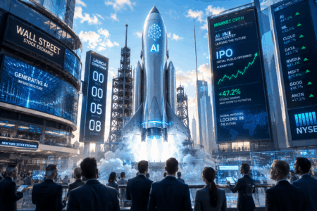 OpenAI Siapkan IPO, Pasar Tunggu SpaceX Futuristic stock exchange plaza with a rocket launch amid holographic AI charts and traders analyzing screens, centered under a bright sky.