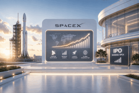 SpaceX promotional display with a glowing growth chart and world map on a large screen; rocket on the launch pad visible in the background.