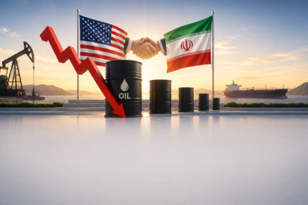 Handshake between US and Iran flags over oil barrels with a red downward arrow, illustrating oil market decline and diplomacy.