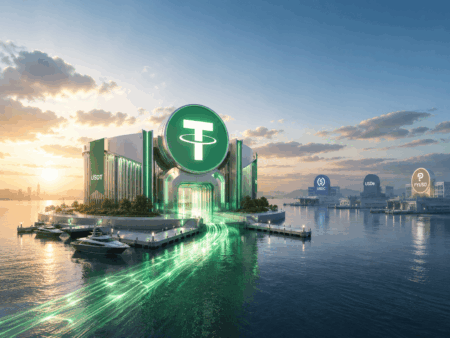 Futuristic waterfront cryptocurrency hub with a large green Tether logo and neon green light trails along the water at sunset/blue hour.