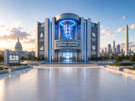 Futuristic government building with glowing blue accents and a central sign: Quantum Computing National Initiative, city skyline behind.
