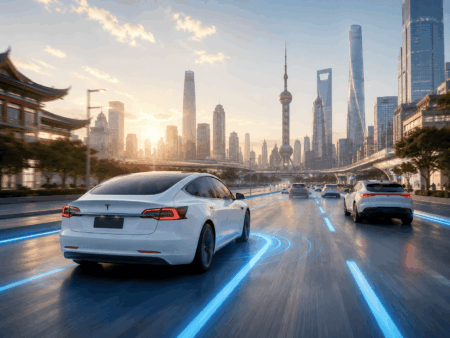 Tesla Luncurkan FSD di China, Momentum Baru atau Terlambat? White Tesla sedan on a multi-lane road with blue neon lane markings and a modern city skyline at sunset.
