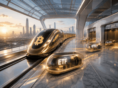 Futuristic high-speed train with a glowing Bitcoin symbol on the front, in a glass-walled station overlooking a sunset city skyline, ETF pods along the platform.