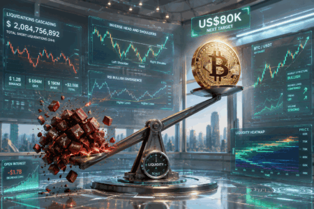 Bitcoin sits on a balanced scale amid holographic market charts and graphs for a crypto dashboard center stage with data panels around it.