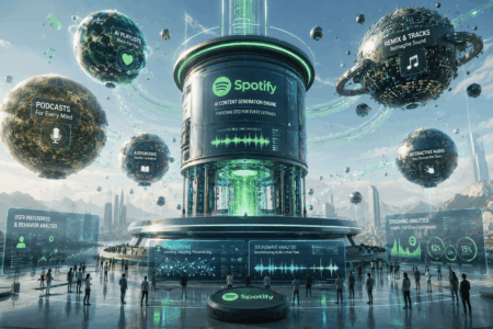 Era Baru Spotify? AI dan Generasi Konten Futuristic Spotify AI hub with a central tower and glowing green rings, surrounded by floating spheres labeled Podcasts, Audiobooks, Remix & Tracks.