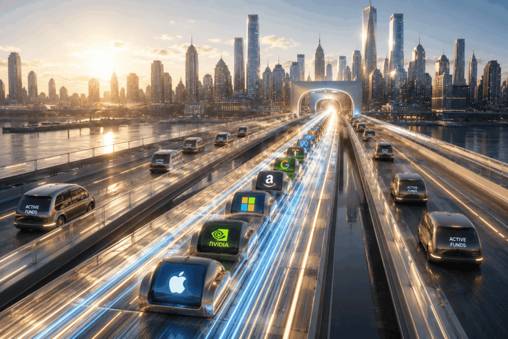 Goldman Sachs Soroti Dilema Reksa Dana di Era Mag 7 Futuristic bridge highway at sunset with glowing lanes and self-driving pods displaying tech logos (Apple, Nvidia, Google, Microsoft, Amazon) and 'Active Funds'.