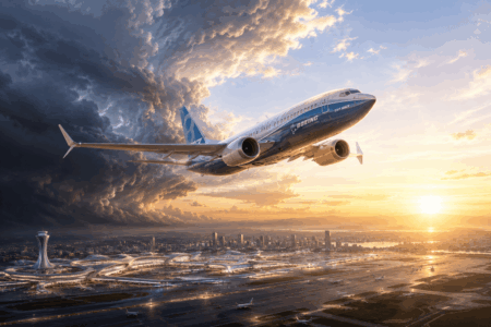 Boeing Bebas dari Gugatan Kasus Keselamatan 737 MAX Boeing aircraft in flight above a futuristic airport at sunset, city skyline in the distance and dramatic clouds.
