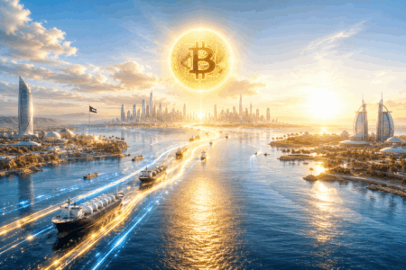 Harapan Deal AS-Iran Dorong Pemulihan Bitcoin Giant glowing Bitcoin coin above a futuristic Dubai‑like skyline at sunset, with illuminated ships on a shimmering waterway.