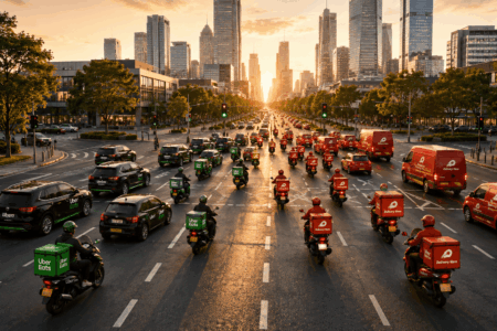 Busy city street at sunset filled with delivery motorcycles (green Uber Eats boxes) and red Delivery Hero vans, skyline in the background.