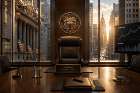 Leather chair behind a wooden desk in a formal Federal Reserve briefing room, seal on the wall and city skyline visible through large windows.