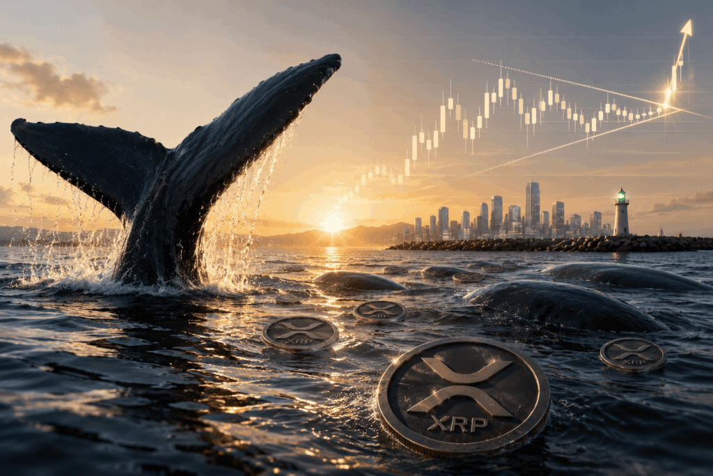 XRP Dekati Area Breakout, Aktivitas Whale Mulai Naik Whale tail breaching the sea as XRP coins float on the water at sunset, with a city skyline in the distance and a rising chart above.