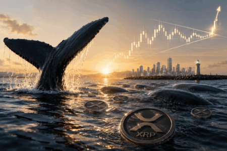 XRP Dekati Area Breakout, Aktivitas Whale Mulai Naik Whale tail breaching the sea as XRP coins float on the water at sunset, with a city skyline in the distance and a rising chart above.