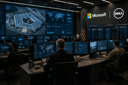Control room with numerous monitors displaying maps and data, Microsoft and Dell logos on a dark wall, and an American flag nearby