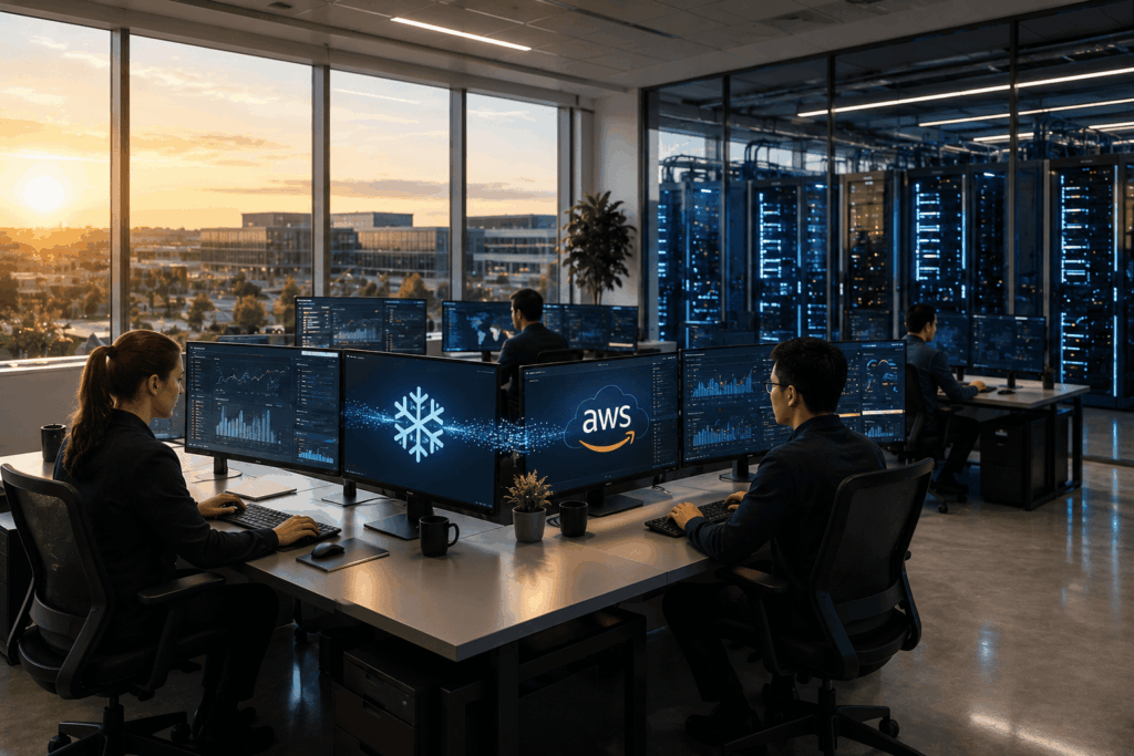 Snowflake Naik 36%, AI dan AWS Jadi Pendorong Baru Open-plan data center office with colleagues at desks, multiple monitors showing charts, and blue server racks along the wall; sunset visible through windows.