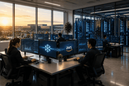 Open-plan data center office with colleagues at desks, multiple monitors showing charts, and blue server racks along the wall; sunset visible through windows.