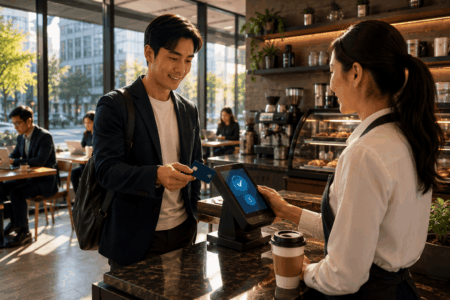 Stablecoin Dorong Tren Transaksi Kartu Kripto Customer in a blazer pays with a card at a cafe checkout using a card reader, with a takeaway coffee on the counter nearby.