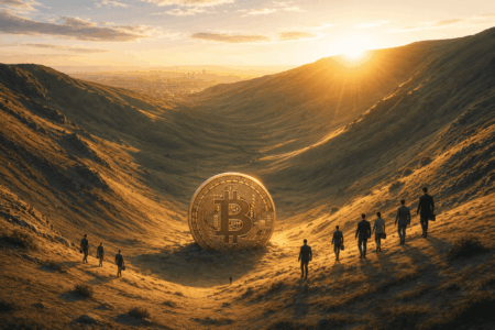 Bitcoin Dekati US$72.000, Investor Mulai Buy the Dip A colossal Bitcoin coin sits in a sunlit desert valley as suited professionals march toward it along a dusty trail.
