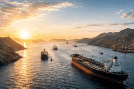 AS-Iran Dekati Kesepakatan, Gencatan 60 Hari Disiapkan Sunset over a calm harbor with several cargo ships and rugged cliffs on both sides.