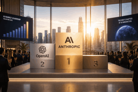 Anthropic Salip OpenAI, Valuasi Tembus US$965 Miliar Award podium with three tiers labeled 2, 1, and 3; center tier shows 'AI ANTHROPIC' and OpenAI logo on the left, audience applauding in a futuristic conference hall with city skyline backdrop at sunset.