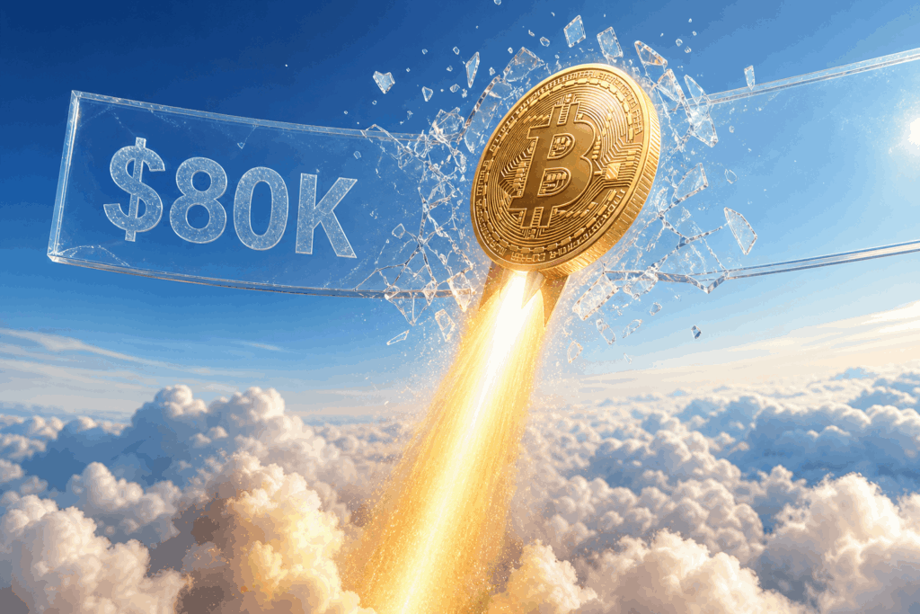 Bitcoin Tembus $80K, Tertinggi Sejak Januari Bitcoin banner reading $80K is shattered as a gold Bitcoin rocket blasts upward through the clouds, signaling price surge.