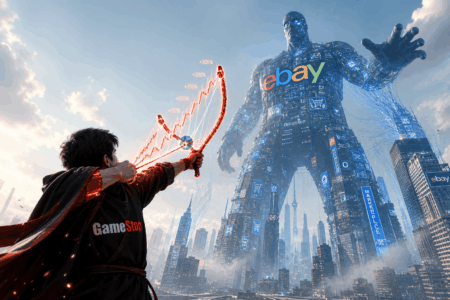 GameStop Siap Akuisisi eBay Secara Hostile Hero in a GameStop cape fires a glowing energy bow at a towering robot covered in eBay logos in a futuristic city; stock growth lines rise nearby.