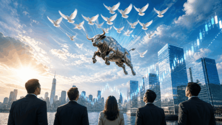 Saham AS Menguat di Tengah Harapan Damai AS-Iran A metallic bull leaps above a city skyline as white doves fly outward, with five businesspeople watching from the foreground.